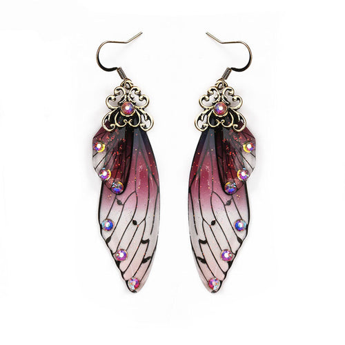 Fashion Handmade Femme Wing Drop Earrings Gold Color Fairy Tale Cicada Wings Earrings Rhinestone Purple Earrings Vintage Jewelry