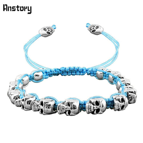 Smile Skull Skeleton Bead Bracelets Strand Vintage Boho Antique Silver Plated Handmade Rope Woven Craft Fashion Jewelry