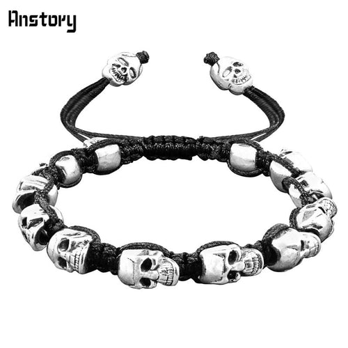 Smile Skull Skeleton Bead Bracelets Strand Vintage Boho Antique Silver Plated Handmade Rope Woven Craft Fashion Jewelry