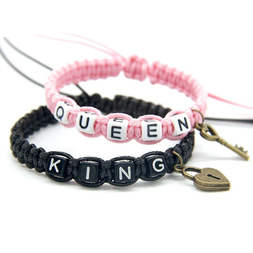 2pcs/pair Couple Bracelets Cute Black Pink Beadeds King Queen With Key Lock Rope Chains Lovers Gift Handmade Charm Bracelets
