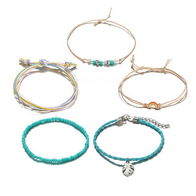 docona Beach Colorful String Leaf Rainbow Bracelet Set for Women Boho Handmade Blue Beads Adjustable Bracelet Bangle Set 6931