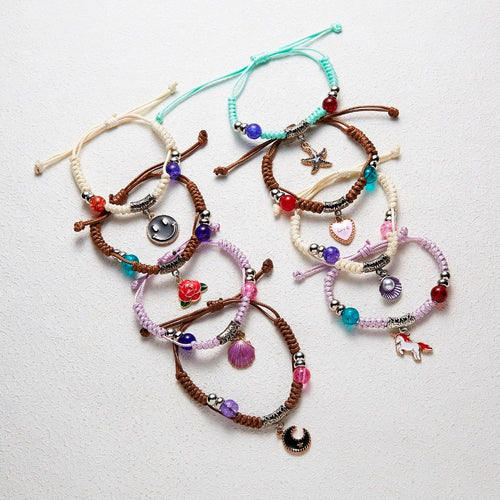 Rinhoo Handmade Adjustable Woven Bracelet Horse/Shell/Starfish/Moon Bead Rope Chain Bracelet Accessories Gift For Kids