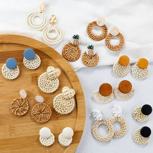 AENSOA Korea Bohemia Handmade Geometric Drop Earrings For Women Boho Rattan Straw Weave Knit Vine Earring Vacation Party Jewelry