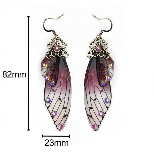 Fashion Handmade Femme Wing Drop Earrings Gold Color Fairy Tale Cicada Wings Earrings Rhinestone Purple Earrings Vintage Jewelry