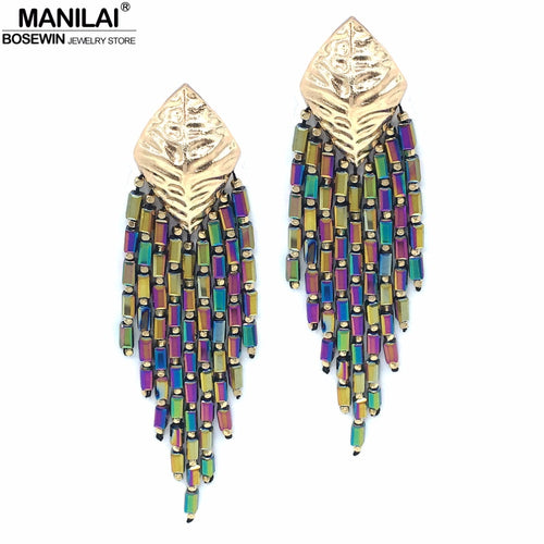 MANILAI Statement Bright Beads Drop Earrings Trendy Handmade Bohemia Multi Color Long Bead Tassel Earrings Party Wedding Jewelry